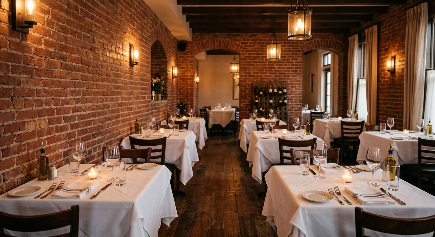 Salón de un restaurante con mesas vestidas de blanco